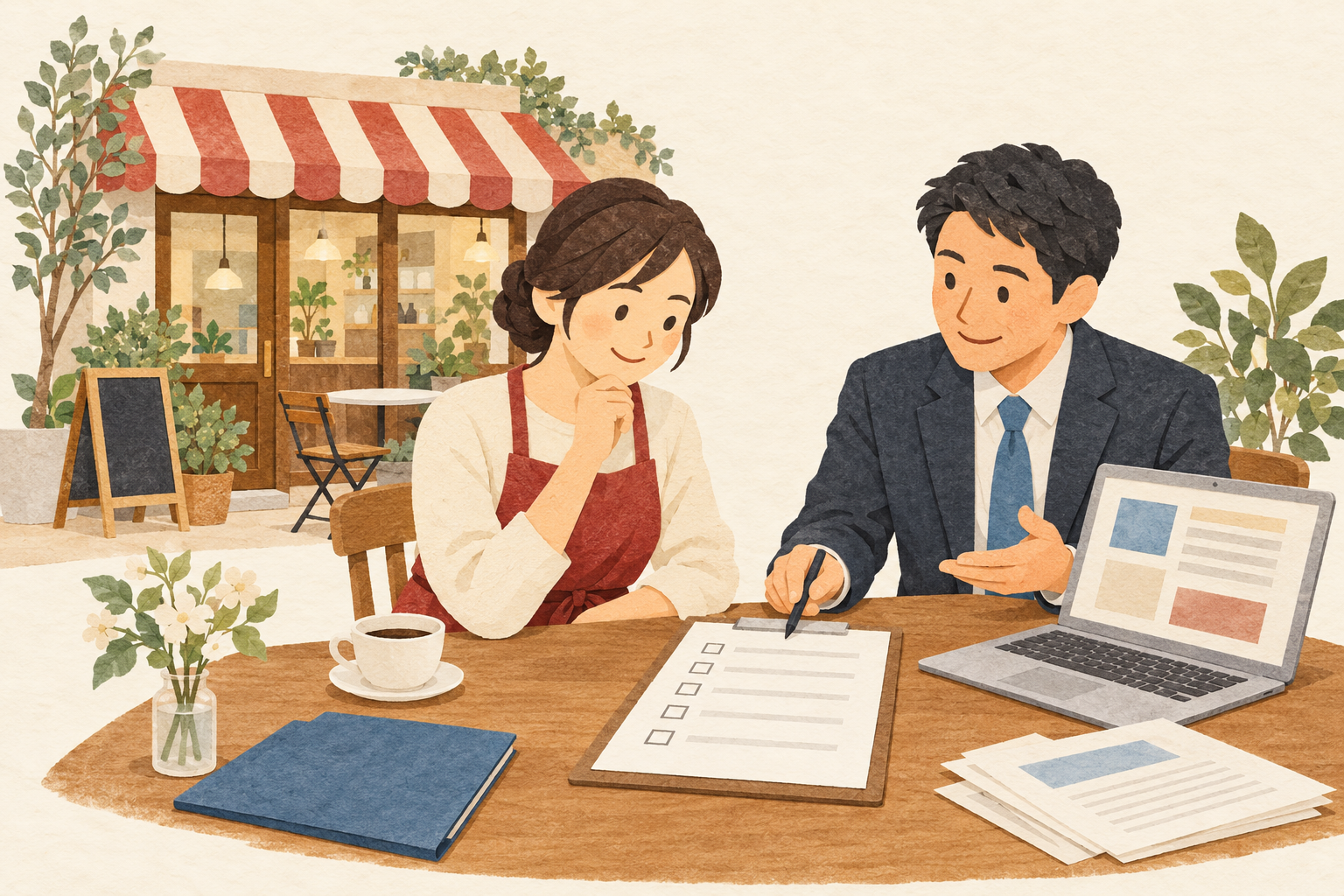 事業計画と条件を一緒に確認する説明用イラスト