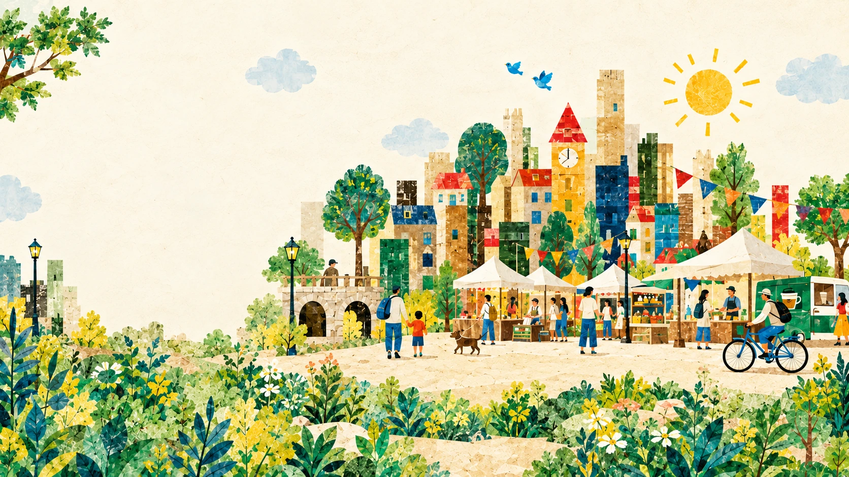 紙の切り絵で描いた、人が集い、まちに賑わいが生まれる風景
